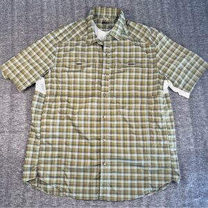 Mens REI Olive Green Checkered Mesh Button Down Short Sleeve Mesh Underarms  XL